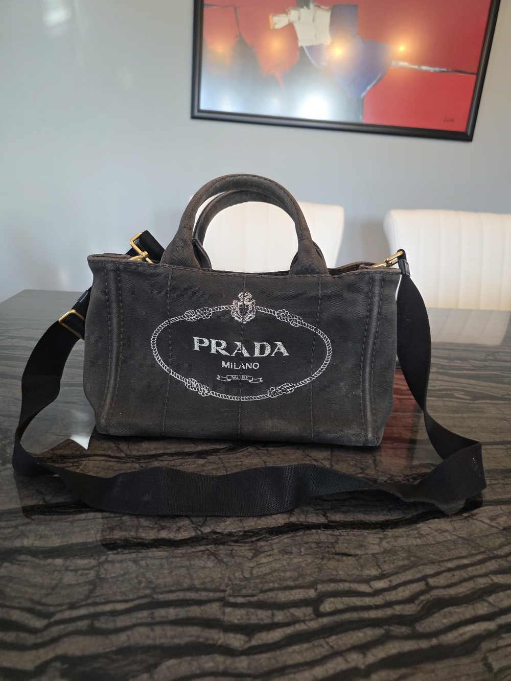 Authentic PRADA Canapa Black Canvas 2-Way Shopping Hand Shoulder Bag Purse